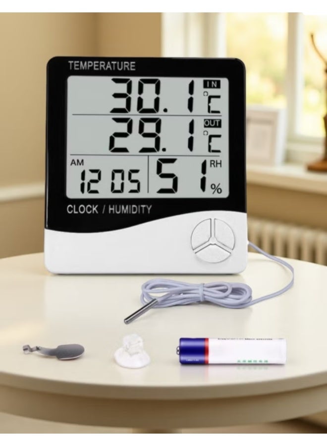 Digital Humidity Meter，Indoor Outdoor Temperature Thermometer，Humidity Monitor with LCD Alarm Clock, Humidity Meter For House Home Greenhouse White